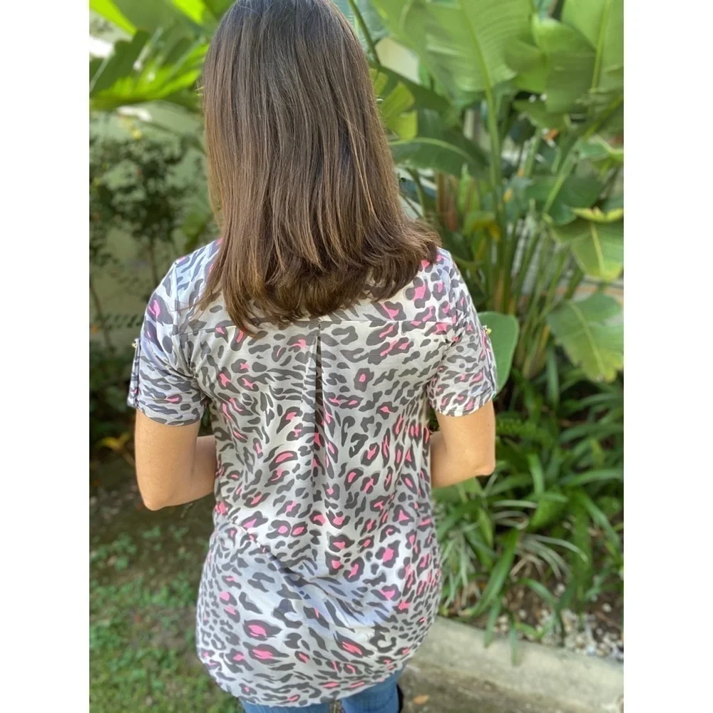 ❤️‍🔥Leopard V-Neck Collar Tab Button Gray Pink 4420